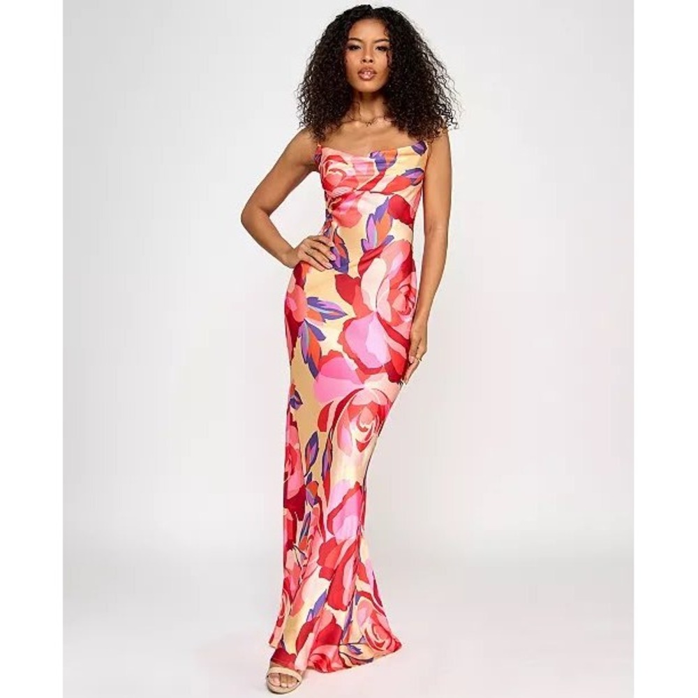 Katia Rae Jrs. Floral Cowl Neck Maxi Dress Red Pink Rose Print Open Back XXS NWT